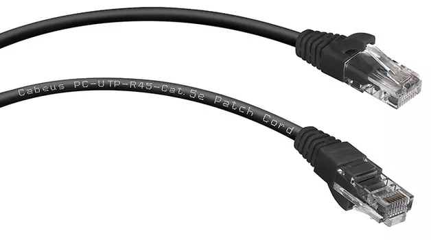Патч-корд UTP кат.5e, 5м, RJ45-RJ45, черный, CU, Cabeus PC-UTP-RJ45-Cat.5e-5m-BK (7691c)