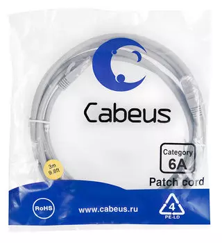 Патч-корд UTP кат.6a, 3м, RJ45-RJ45, серый, CU, LSZH, Cabeus PC-UTP-RJ45-Cat.6a-3m-LSZH (PC-UTP-RJ45-Cat.6a-3m-LSZH)