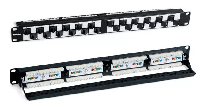 Патч-панель 19" 1U, порты: 24 x RJ-45, Кат. 5e, черный, PP2A-19-24S-8P8C-C5E-110, Hyperline