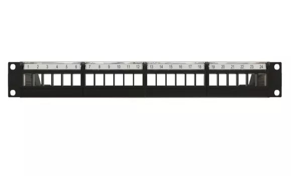 Патч-панель в шкаф 19" 1U, неукомплектованная, порты: 24 x RJ-45, органайзер, черный, PPBL6-19-24-RM, Hyperline (PPBL6-19-24-RM)