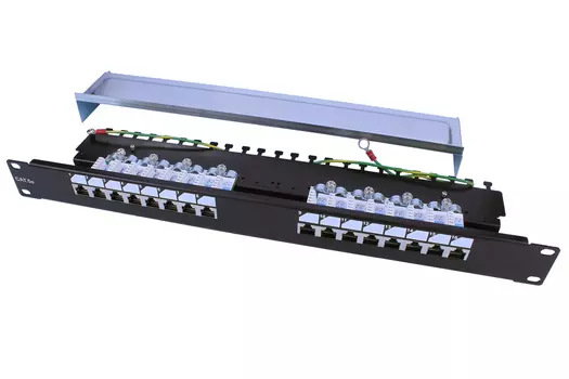 Патч-панель в шкаф 19" 1U, порты: 16 x RJ-45, экранированная, органайзер, черный, Hyperline (PP3-19-16-8P8C-C5E-SH-110D)