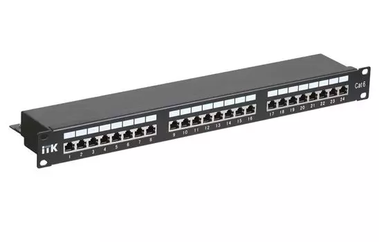 Патч-панель в шкаф 19" 1U, порты: 24 x RJ-45 кат. 6, органайзер, черный, ITK (PP24-1UC6S-D05)