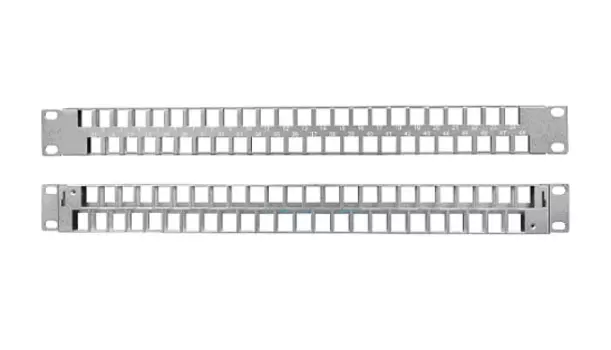 Патч-панель в шкаф 19" 1U, порты: 48, экранированная, органайзер, Модульная патч-панель 19", 48 портов, Flat Type, 1U, для экранированных и неэкранированных модулей Keystone Jack (кроме KJ1-C2, KJ2-C5e, KJ2-C6, KJ2-C6A), с задним кабельным организатором (без модулей), Hyperline (PPBLHD-19-48S-SH-RM)