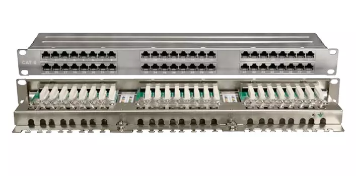 Патч-панель в шкаф 19" 1U, порты: 48 x RJ-45, экранированная, Hyperline (PPHD-19-48-8P8C-C6-SH-110D)