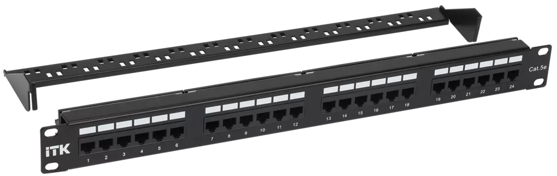 Патч-панель в шкаф 19" 1U, порты: 24 x RJ-45 кат. 5e, органайзер, черный, ITK (PP24-1UC5EU-D05-1)