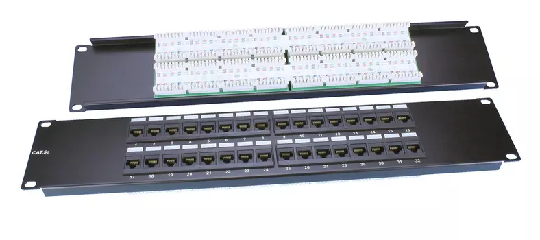 Патч-панель в шкаф 19" 2U, порты: 32 x RJ-45 кат. 5e, черный, Патч-панель 19", 2U, 32 порта RJ-45, категория 5e, Dual IDC, ROHS, Hyperline (PP3-19-32-8P8C-C5E-110D)