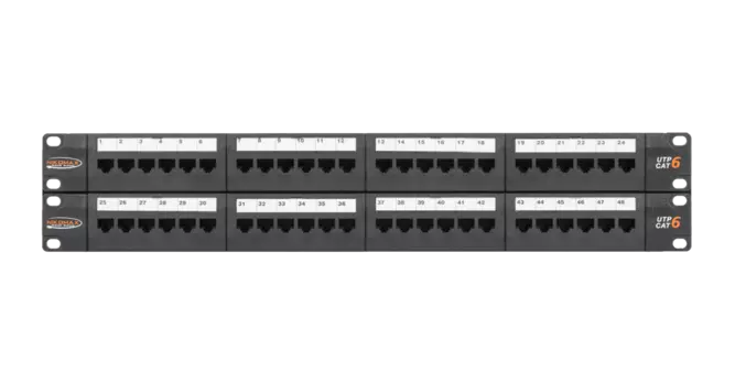 Патч-панель в шкаф 19" 2U, порты: 48 x RJ-45 кат. 6, органайзер, черный, NMC-RP48UE2-2U-BK, NIKOMAX
