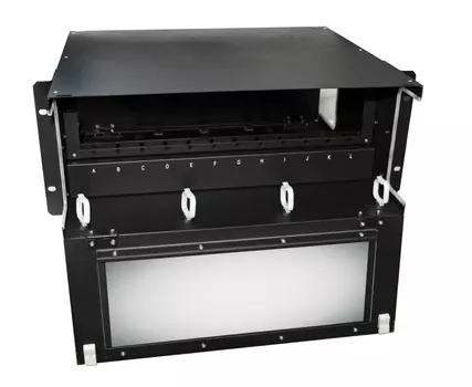 Патч-панель в шкаф 19", порты: 12, Патч-панель 19” универсальная, пустой корпус, 4U, фиксированная рама вертикальная, 12 вертикальных слотов, вмещает 12 FPM панелей с адаптерами или 12 CSS оптических кассет 120х32 мм , Hyperline (FO-19BX-4U-F2-12xSLT-W120H32-EMP)