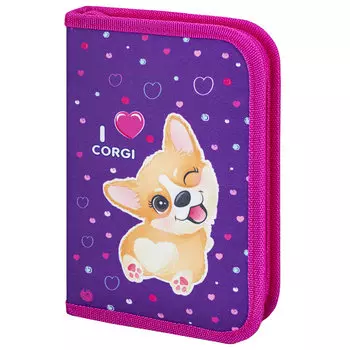 Пенал Brauberg PREMIUM SINGLE DECKER I love corgi, 1 отделение, фиолетовый (271530)