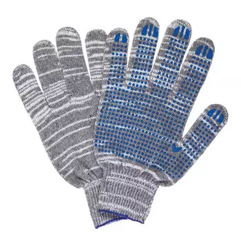 Перчатки хозяйственно-бытовые хлопчатобумажные с ПВХ покрытием ладони и пальцев «Точка», 10 класс, пар в упаковке: 5, универсальный, серо-белый, LAIMA