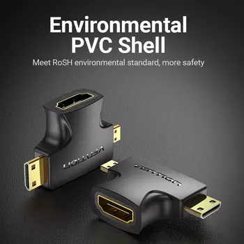 Переходник (адаптер) HDMI(19F)-Mini HDMI+Micro HDMI, 5 см, черный Vention AGFB0 (AGFB0)