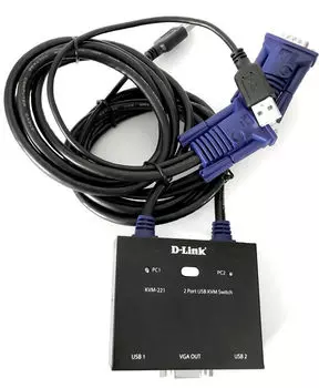 Переключатель KVM (КВМ) D-Link KVM-221, 2-ПК, VGA/USB до 2048x1536, клавиатура USB, мышь USB (KVM-221/C1A)