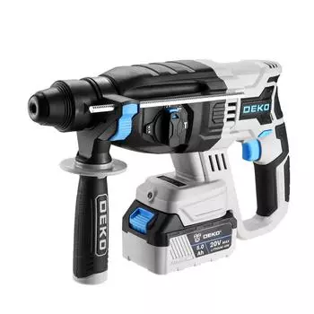 Перфоратор Deko DKCH20FU-Li, аккумуляторный, SDS-Plus, 3 Дж, 900 об/мин, 4200 уд/мин, 20V, 5 А·ч, Li-Ion, один акб, пластиковый кейс, 5.5 кг (063-4419)