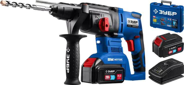 Перфоратор ЗУБР Профессионал РВ-260-42, аккумуляторный, SDS-Plus, 3 Дж, 1050 об/мин, 4800 уд/мин, 20V, 4 А·ч, Li-Ion, два акб, пластиковый кейс, 3.3кг (2 АКБ 4Ач, в кейсе)