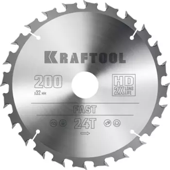 Пильный диск Kraftool Fast, 200 мм x 32 мм по дереву, быстрый рез, 24T, 1 шт. (36950-200-32)