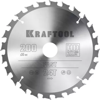 Пильный диск Kraftool Fast, 200 мм x 30 мм по дереву, быстрый рез, 24T, 1 шт. (36950-200-30)
