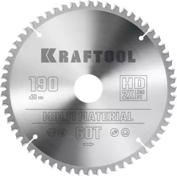 Пильный диск Kraftool Multi Material, 190 мм x 30 мм по алюминию, идеальный рез, 60T, 1 шт. (36953-190-30)