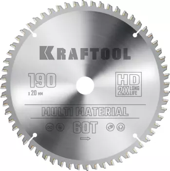 Пильный диск Kraftool Multi Material, 190 мм x 20 мм по алюминию, идеальный рез, 60T, 1 шт. (36953-190-20)