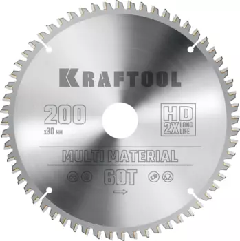Пильный диск Kraftool Multi Material, 200 мм x 30 мм по алюминию, идеальный рез, 60T, 1 шт. (36953-200-30)