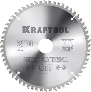 Пильный диск Kraftool Multi Material, 200 мм x 32 мм по алюминию, идеальный рез, 60T, 1 шт. (36953-200-32)