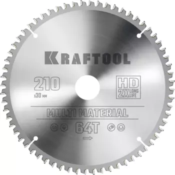 Пильный диск Kraftool Multi Material, 210 мм x 30 мм по алюминию, идеальный рез, 64T, 1 шт. (36953-210-30)