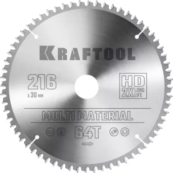 Пильный диск Kraftool Multi Material, 216 мм x 30 мм по алюминию, идеальный рез, 64T, 1 шт. (36953-216-30)