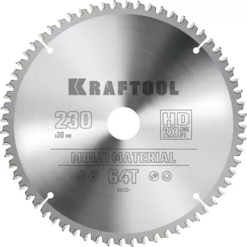 Пильный диск Kraftool Multi Material, 230 мм x 30 мм по алюминию, идеальный рез, 64T, 1 шт. (36953-230-30)