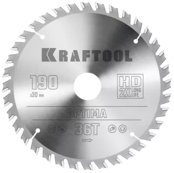 Пильный диск Kraftool Optima, 190 мм x 30 мм по дереву, оптимальный рез, 36Т, 1 шт. (36951-190-30)