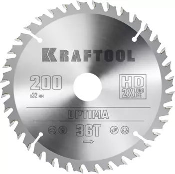 Пильный диск Kraftool Optima, 200 мм x 32 мм по дереву, оптимальный рез, 36Т, 1 шт. (36951-200-32)