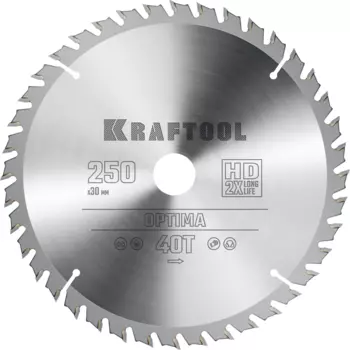 Пильный диск Kraftool Optima, 250 мм x 30 мм по дереву, оптимальный рез, 40Т, 1 шт. (36951-250-30)