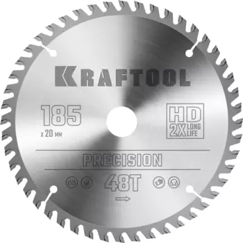 Пильный диск Kraftool Precission, 185 мм x 20 мм по дереву, чистый и точный рез, 48Т, 1 шт. (36952-185-20)