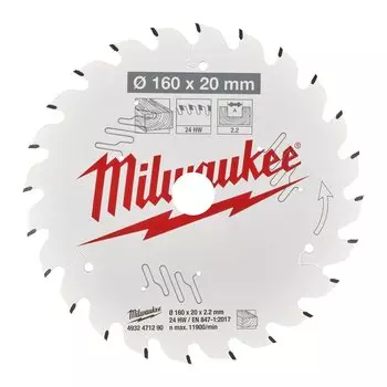Пильный диск Milwaukee, 160 мм x 20 мм по дереву/ламинат/фанера/шпон/ДСП/МДФ, чистый/точный рез, 24T, 1 шт. (4932471290)