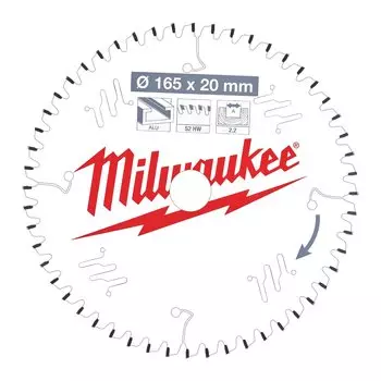 Пильный диск Milwaukee, 165 мм x 20 мм по металлу/пластику, чистый/точный рез, 52T, 1 шт. (4932471296)