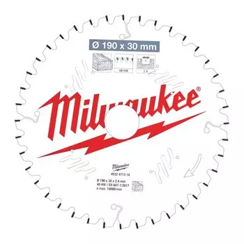 Пильный диск Milwaukee, 190 мм x 30 мм по дереву, чистый/точный рез, 40Т, 1 шт. (4932471314)