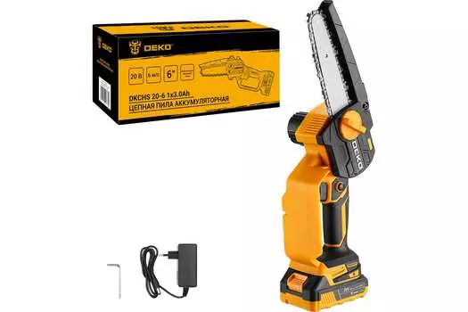 Пила цепная Deko DKCHS20-6, щеточный, шина 15.2 см, шаг 1/4 дюйма, аккумуляторная, 20 В, 3 А·ч, Li-Ion, 1.4 кг, АКБ+З/У (063-4307-1)