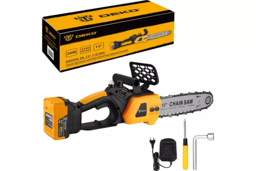 Пила цепная Deko DKCHS 20-12, бесщеточный, шина 30 см, шаг 3/8 дюйма, аккумуляторная, 20 В, 5 А·ч, Li-Ion, 3.5 кг, АКБ+З/У (085-2001)