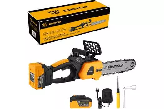 Пила цепная Deko DKCHS 20, бесщеточный, шина 30 см, шаг 3/8 дюйма, аккумуляторная, 20 В, 4 А·ч, Li-Ion, 3.6 кг, 2 АКБ+ЗУ (085-2000)