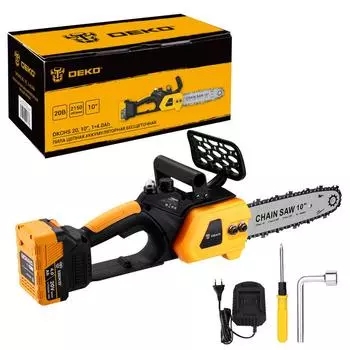 Пила цепная Deko DKCHS 20, бесщеточный, шина 25 см, шаг 3/8 дюйма, аккумуляторная, 20 В, 4 А·ч, Li-Ion, 2.9 кг, АКБ+З/У (083-2000)