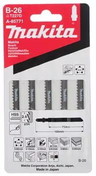 Пилка для лобзика Makita T227D L100ммx71мм, прямой, фигурный, дерево, металл, пластик, 5шт. (A-85771)