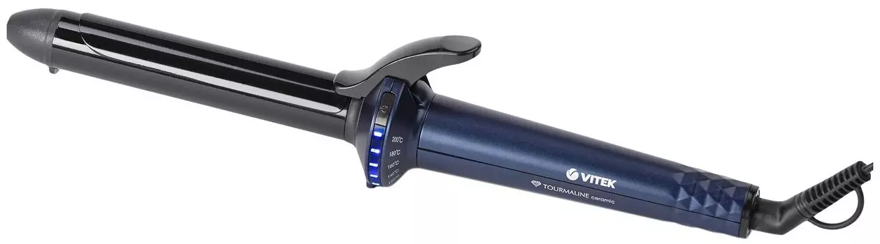 Плойка Vitek VT-8297, 200°C, 38 Вт, керамика/турмалин покрытие, режимов: 5, петля для подвешивания, 1.8 м, синий/черный