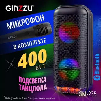 Портативная акустика 2.0 Ginzzu GM-235, 400 Вт, FM, AUX, USB, microSD, Bluetooth, подсветка, черный (GM-235)