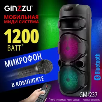 Портативная акустика 2.1 Ginzzu GM-237, 1.2 кВт, FM, AUX, USB, microSD, Bluetooth, подсветка, черный (GM-237)