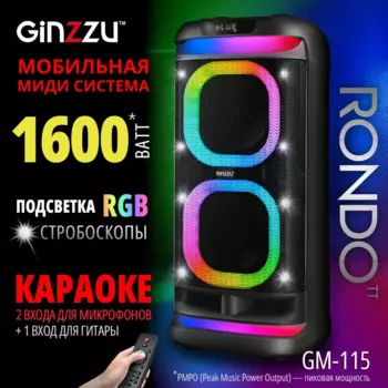 Портативная акустика Ginzzu GM-115, 1.6 кВт, FM, AUX, USB, microSD, Bluetooth, подсветка, черный (GM-115)