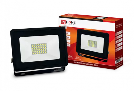 Прожектор светодиодный IN HOME, 30Вт, 2850лм, 6500K, IP65, черный (4690612030036)