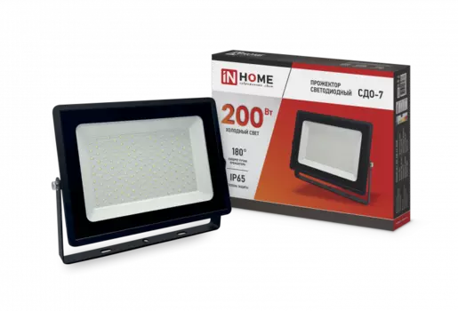 Прожектор светодиодный IN HOME СДО-7, 200Вт, 6500 К, IP65, черный (4690612034676)