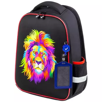 Ранец Brauberg FIT Colorful lion, анатомическая, вентилируемая, формоустойчивая спинка, 2 отделения, черный (270618)