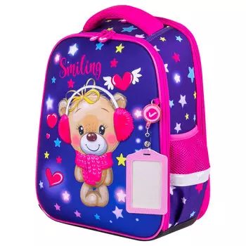 Ранец Brauberg FIT Smiling bear, анатомическая, вентилируемая, формоустойчивая спинка, 2 отделения, фиолетовый/розовый (270614)