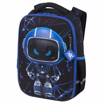 Ранец Brauberg LIGHT Evil robot, анатомическая, вентилируемая, формоустойчивая спинка, 1 отделение, черный/синий (272028)