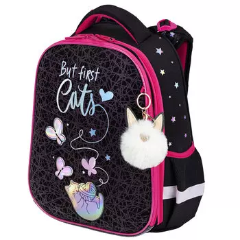 Ранец Brauberg LUMINOUS Cats first, анатомическая, вентилируемая, формоустойчивая спинка, 2 отделения, черный/розовый (271367)