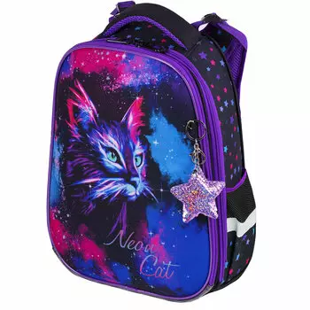 Ранец Brauberg Premium Neon cat, анатомическая, вентилируемая, формоустойчивая спинка, 2 отделения, черный/фиолетовый (271352)